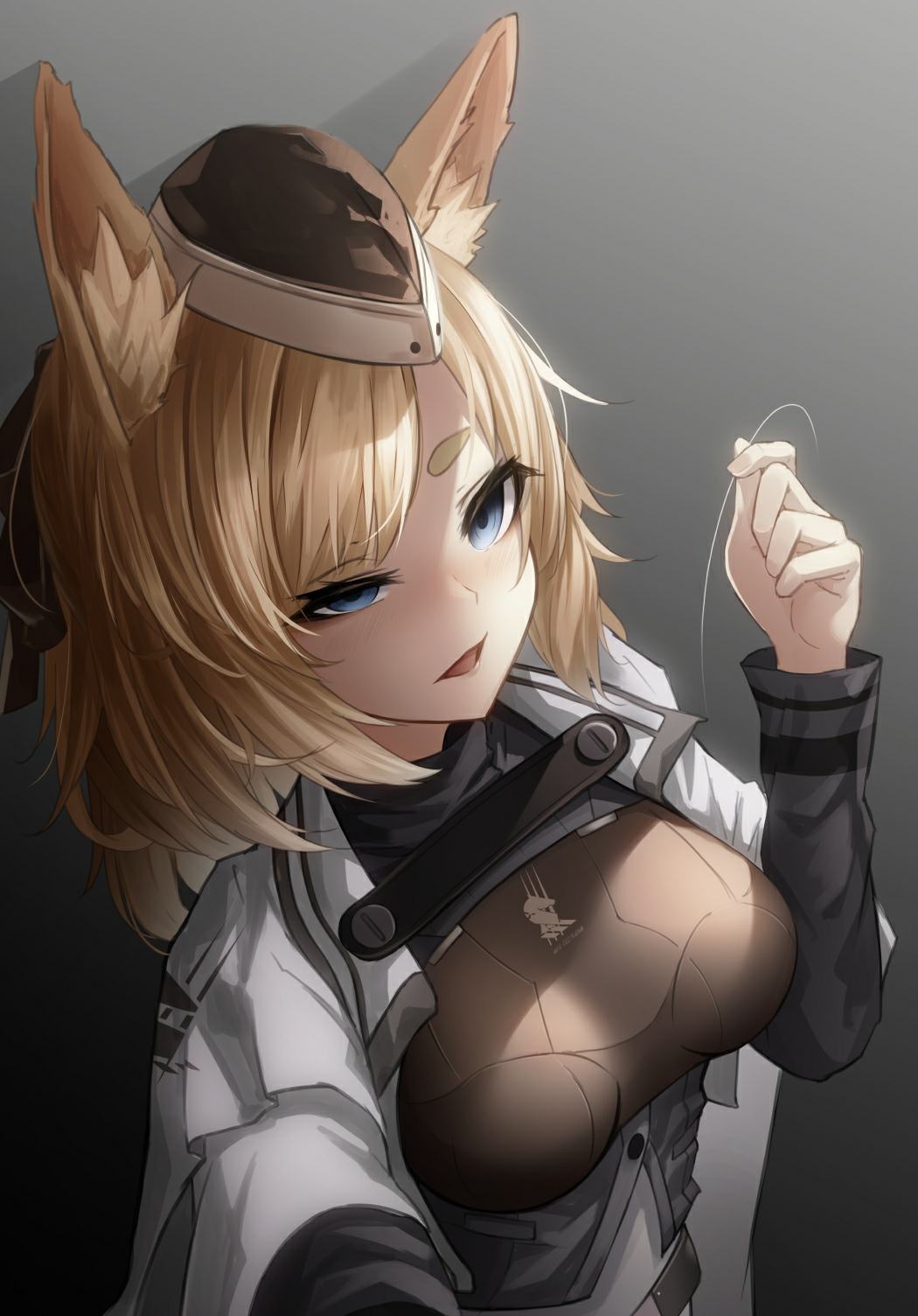 1girl animal_ears arknights bangs black_background black_headwear black_ribbon blonde_hair blue_eyes breasts cape commentary_request eyebrows_visible_through_hair gradient gradient_background grey_background hair_between_eyes hair_ribbon hat highres holding holding_hair horse_girl kingdom_of_kazimierz_logo kureneko long_hair medium_breasts mini_hat open_mouth ribbon simple_background solo upper_body whislash_(arknights) white_cape yandere