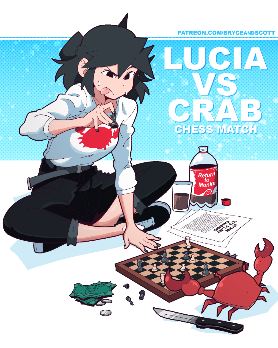 1girl belt black_eyes black_footwear black_hair black_pants board_game bottle character_name chess chess_piece chessboard crab english_text highres knife long_hair long_sleeves lucia_(scott_malin) money original pants paper print_shirt scott_malin shadow shirt shoes solo tongue tongue_out watermark web_address white_shirt