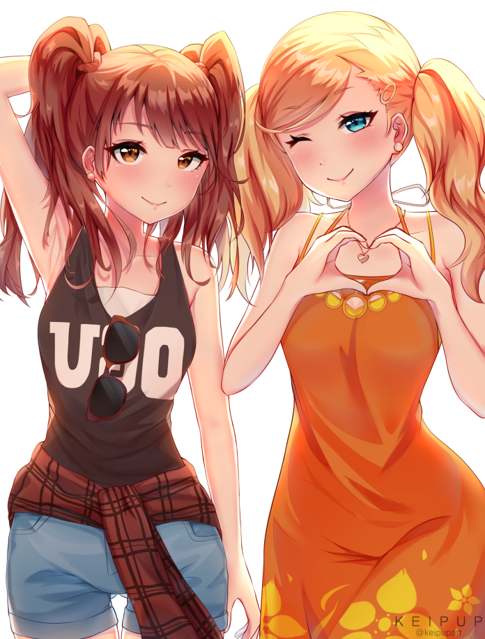 2girls armpits bangs bare_shoulders black_tank_top blonde_hair blue_eyes blush brown_hair cosplay costume_switch denim denim_shorts dress earrings eyebrows_visible_through_hair heart heart_hands jewelry keipup kujikawa_rise looking_at_viewer multiple_girls one_eye_closed orange_dress persona persona_4 persona_5 shorts smile sunglasses takamaki_anne tank_top twintails twitter_username white_background yellow_eyes