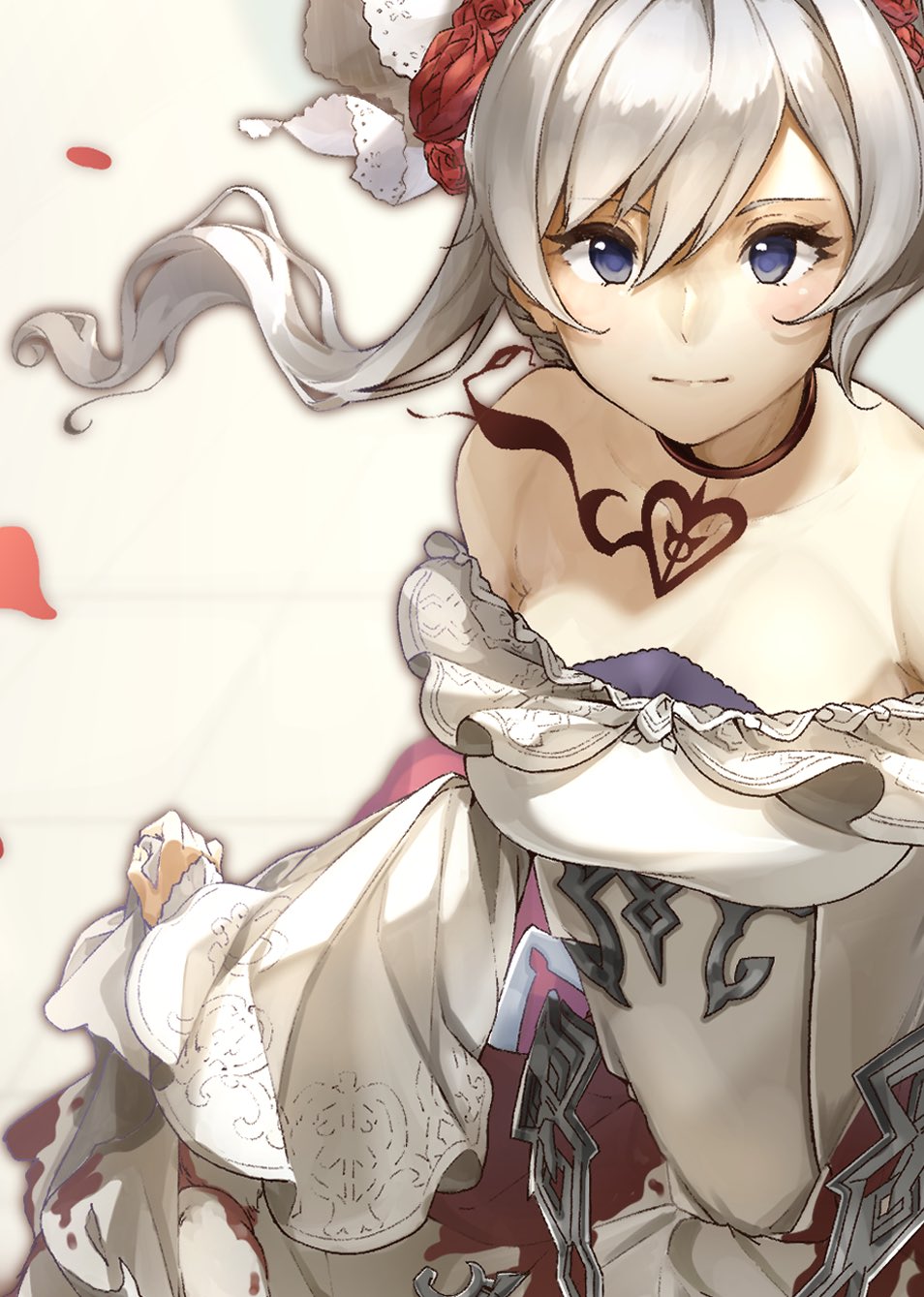 1girl asymmetrical_bangs bangs blood bloody_clothes blue_eyes choker debuff999 dress flower hair_bun hair_flower hair_ornament heart highres holding holding_clothes looking_at_viewer petals red_flower red_rose rose rose_petals serious sidelocks simple_background sinoalice snow_white_(sinoalice) solo white_background white_dress