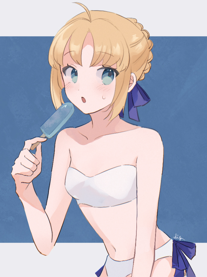 1girl :o ahoge artoria_pendragon_(all) bare_arms blonde_hair blush braid breasts collarbone commentary_request fate/stay_night fate_(series) food holding looking_at_viewer meloettta navel popsicle saber small_breasts solo sweatdrop swimsuit