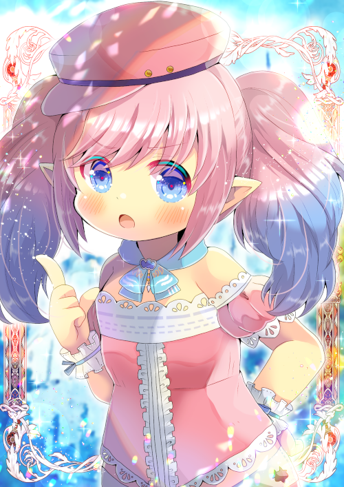 1girl :o bangs bare_shoulders blue_eyes blue_hair blurry blurry_background blush commentary_request depth_of_field detached_sleeves dress eyebrows_visible_through_hair final_fantasy final_fantasy_xiv flat_cap gradient_hair hand_on_hip hand_up hat index_finger_raised kouu_hiyoyo lalafell long_hair looking_at_viewer multicolored_hair open_mouth pink_dress pink_hair pink_headwear pink_sleeves pointy_ears puffy_short_sleeves puffy_sleeves short_sleeves solo strapless strapless_dress twintails upper_body wrist_cuffs