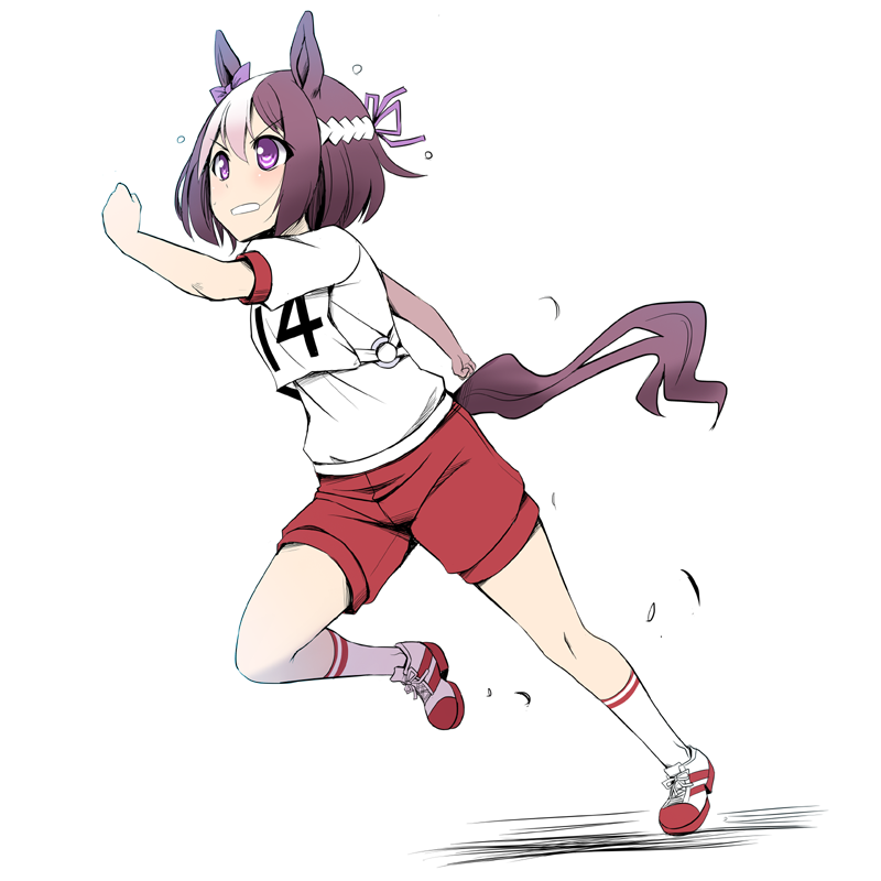 1girl animal_ears bangs bob_cut bow brown_hair commentary_request ear_bow grimace gym_shirt gym_shorts hachimaki headband horse_ears horse_girl horse_tail looking_to_the_side number purple_bow red_footwear running shirt shoes short_hair short_sleeves shorts simple_background single_horizontal_stripe sneakers socks solo special_week_(umamusume) tail tonpuu umamusume violet_eyes white_background white_hair white_headband white_legwear white_shirt