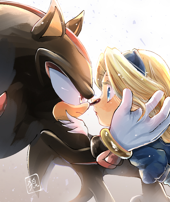 1boy 1girl blonde_hair blue_eyes blush bracelet eye_contact furry furry_male furry_with_non-furry gloves hetero imminent_kiss interspecies jewelry looking_at_another maria_robotnik puffy_sleeves red_eyes shadow_the_hedgehog sonic_(series) tondamanuke white_gloves