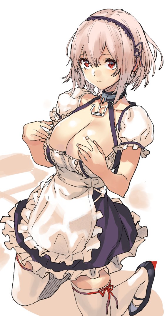 1girl anchor_choker apron azur_lane breasts dress frilled_apron frilled_dress frills kneeling lace-trimmed_hairband lace_trim large_breasts maid puffy_short_sleeves puffy_sleeves red_eyes sameda_koban short_hair short_sleeves sirius_(azur_lane) smile solo thigh-highs underbust white_hair zettai_ryouiki