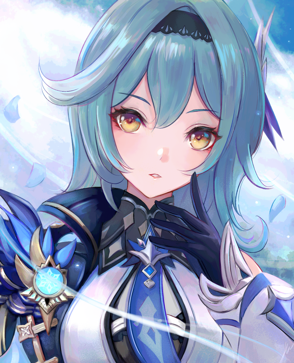 1girl bangs bare_shoulders black_gloves black_hairband blue_hair clouds cloudy_sky day eula_lawrence genshin_impact gloves hairband hand_up leonmandala long_hair long_sleeves looking_at_viewer outdoors parted_lips petals portrait sky solo vision_(genshin_impact) yellow_eyes