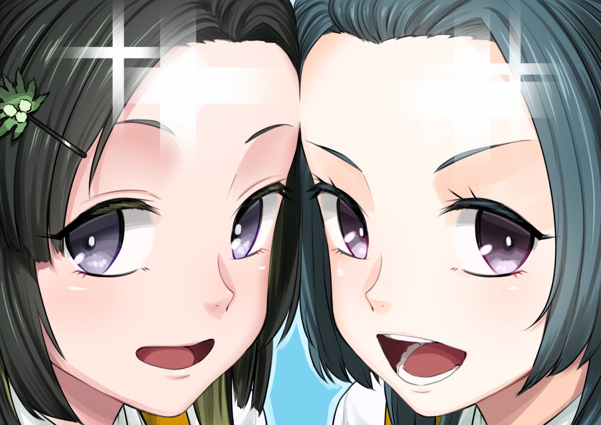 2girls black_hair blonde_hair blue_background blue_hair close-up face forehead hair_ornament hairclip ifuji_shinsen kantai_collection looking_at_viewer makinami_(kancolle) multicolored_hair multiple_girls open_mouth portrait shirt simple_background sparkle suzunami_(kancolle) violet_eyes white_shirt