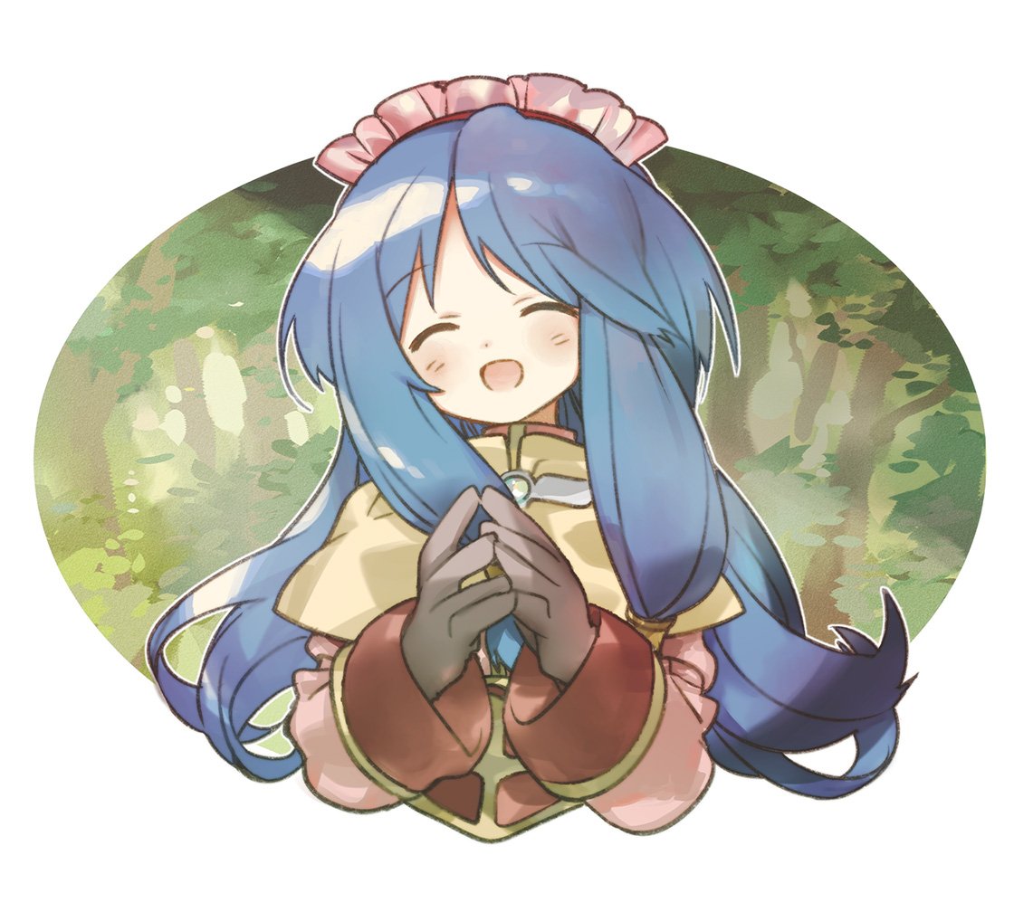 1girl acolyte_(ragnarok_online) arutopian bangs blue_hair blush brown_gloves brown_shirt capelet commentary_request eyebrows_visible_through_hair forest gloves headdress long_hair nature open_mouth own_hands_together ragnarok_online shirt solo upper_body white_background white_capelet |d