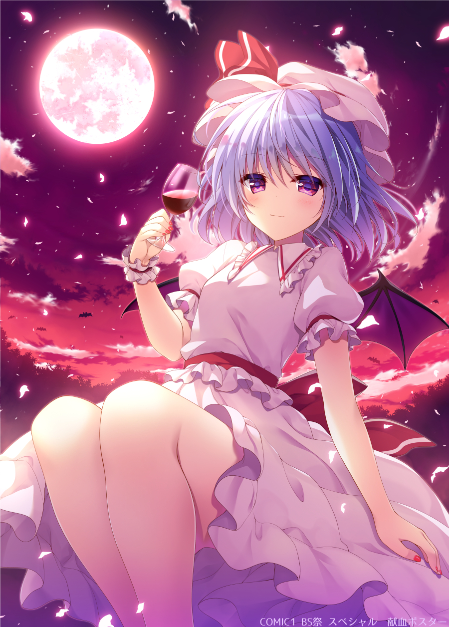 1girl breasts cup dress drinking_glass feet_out_of_frame full_moon hat highres holding holding_cup light_smile looking_at_viewer mob_cap moon night night_sky pink_dress purple_hair remilia_scarlet sky small_breasts solo touhou violet_eyes wine_glass yuzuna_hiyo