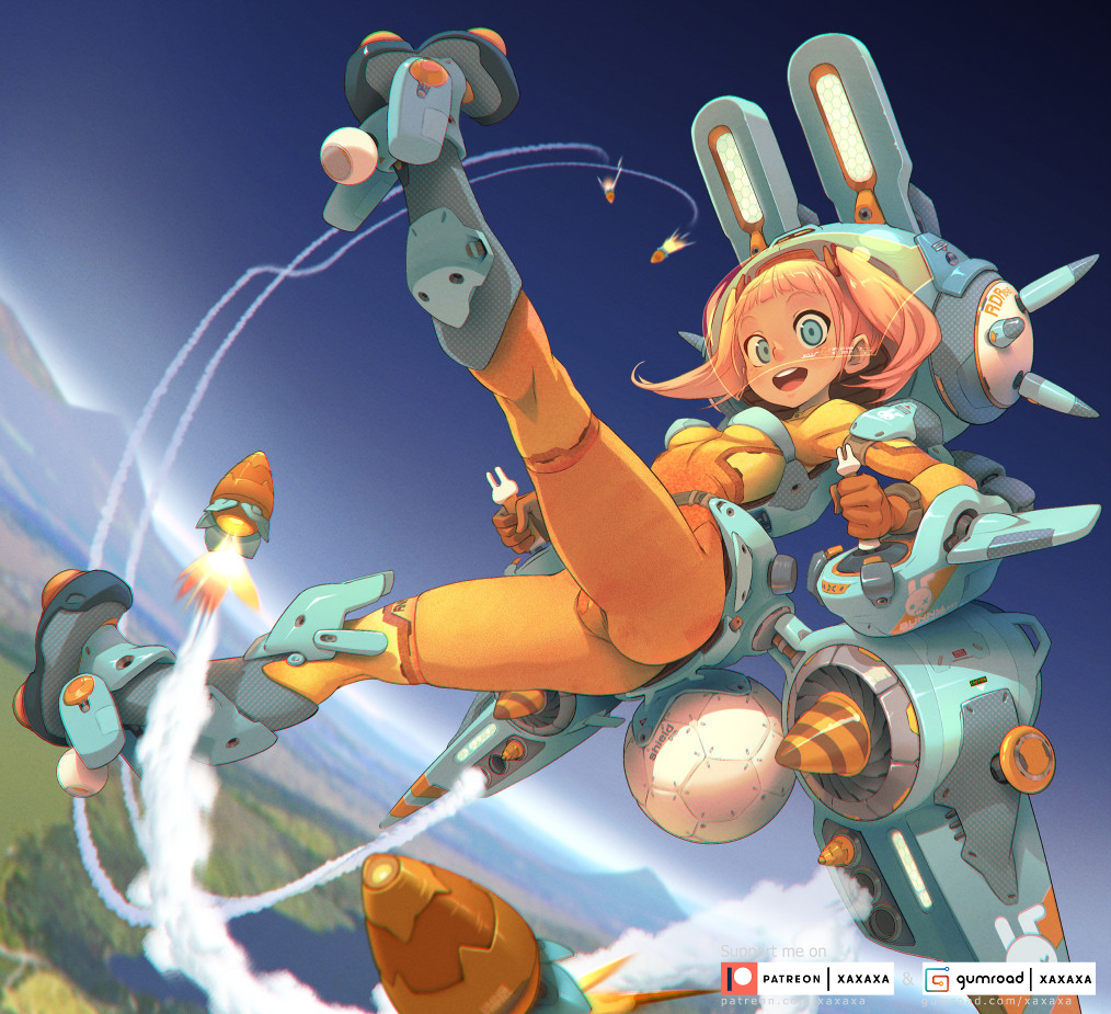 1girl animal_ears blue_eyes blue_sky bodysuit breasts bunny_tail carrot condensation_trail controller dark-skinned_female dark_skin dutch_angle english_commentary fake_animal_ears fake_tail firing flying full_body helmet horizon itano_circus joystick kneepits looking_at_viewer missiles orange_bodysuit original pink_hair power_suit rabbit_ears roboteching short_hair short_twintails skin_tight sky small_breasts smile solo tail thrusters twintails upper_teeth visor xavier_houssin