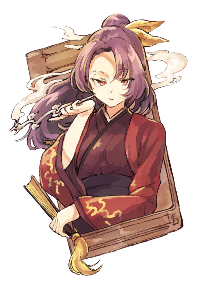 1girl bangs breasts eyebrows_visible_through_hair fan hair_between_eyes hair_ribbon hand_up hisona_(suaritesumi) holding holding_fan japanese_clothes kimono komakusa_sannyo long_sleeves looking_at_viewer medium_breasts open_mouth purple_hair red_eyes red_kimono red_sleeves ribbon simple_background solo touhou unconnected_marketeers white_background yellow_ribbon