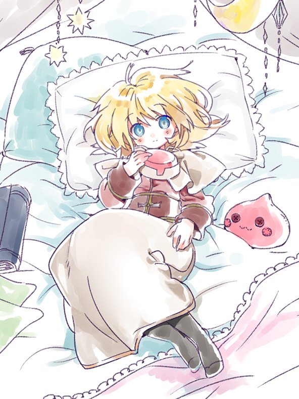 1girl :3 acolyte_(ragnarok_online) arutopian bangs biretta black_legwear blonde_hair blue_eyes blush book brown_shirt button_eyes capelet character_doll closed_mouth commentary_request eyebrows_visible_through_hair full_body looking_at_viewer medium_hair on_bed pantyhose pillow poring ragnarok_online shirt skirt smile solo white_capelet white_skirt
