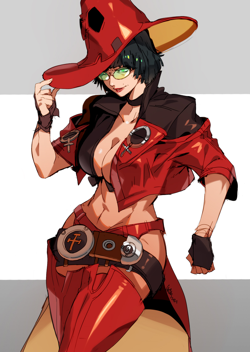 1girl bangs belt black_hair choker fingerless_gloves gloves green_eyes guilty_gear guilty_gear_strive hat i-no jacket midriff mole mole_above_mouth na_insoo red_headwear red_jacket red_legwear red_lips shiny shiny_clothes shiny_legwear short_hair sunglasses thigh-highs venus_symbol very_short_hair witch_hat