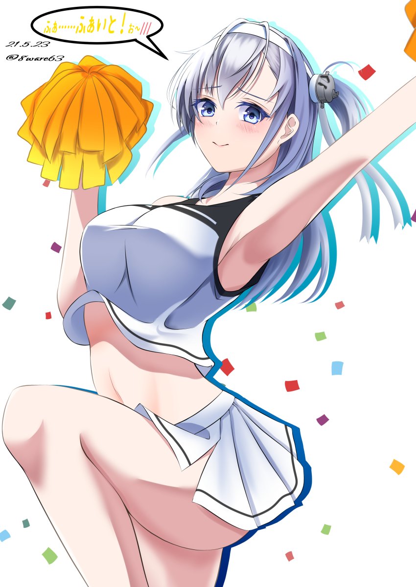 1girl cheering cheerleader clothes_writing commentary_request cowboy_shot crop_top crop_top_overhang dated grey_eyes hachiware_(8ware63) highres holding holding_pom_poms kantai_collection long_hair midriff one_side_up pleated_skirt pom_poms shirt silver_hair skirt sleeveless sleeveless_shirt solo speech_bubble standing standing_on_one_leg suzutsuki_(kancolle) twitter_username white_background