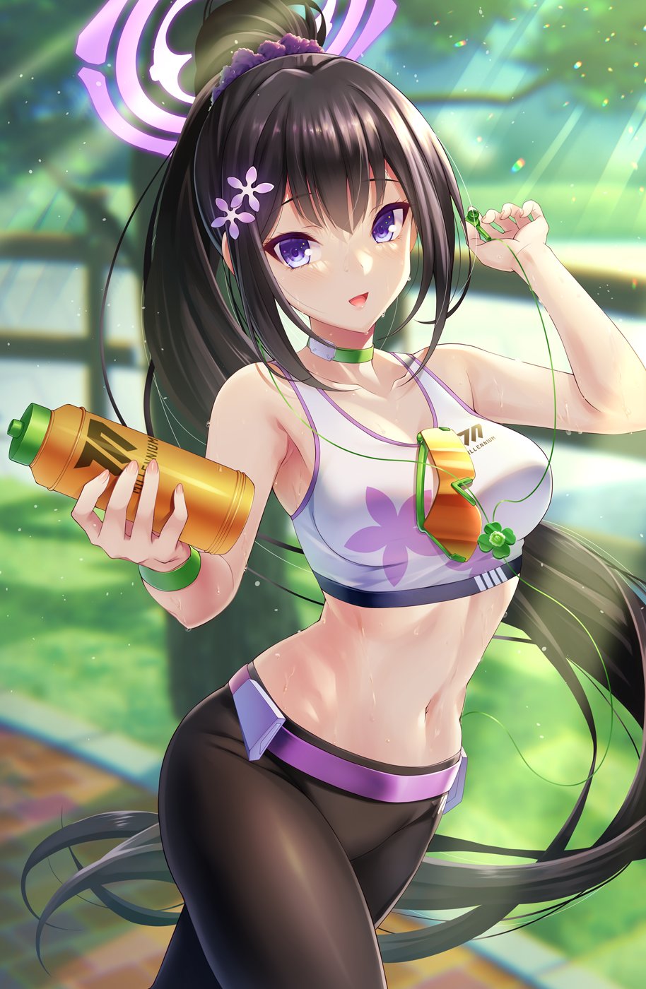 1girl bangs bare_shoulders black_hair black_pants blue_archive bottle breasts choker commentary_request earphones emanon123 flower green_choker hair_flower hair_ornament hair_scrunchie halo high_ponytail highres holding holding_bottle holding_earphones large_breasts long_hair navel open_mouth outdoors pants purple_belt purple_scrunchie scrunchie sidelocks sports_bra stomach sumire_(blue_archive) sunglasses sweat sweatband tight tree very_long_hair violet_eyes water_bottle white_sports_bra yoga_pants