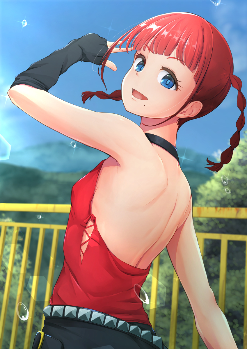 1girl arm_up armpit_peek asukagawa_chise backless_outfit bare_shoulders blue_eyes braid choker detached_sleeves fence flat_chest from_behind gridman_universe highres looking_at_viewer mole mole_under_mouth mountain oshiza redhead shoulder_blades single_detached_sleeve solo sparkle ssss.dynazenon straight_hair tree twin_braids upper_body water_drop