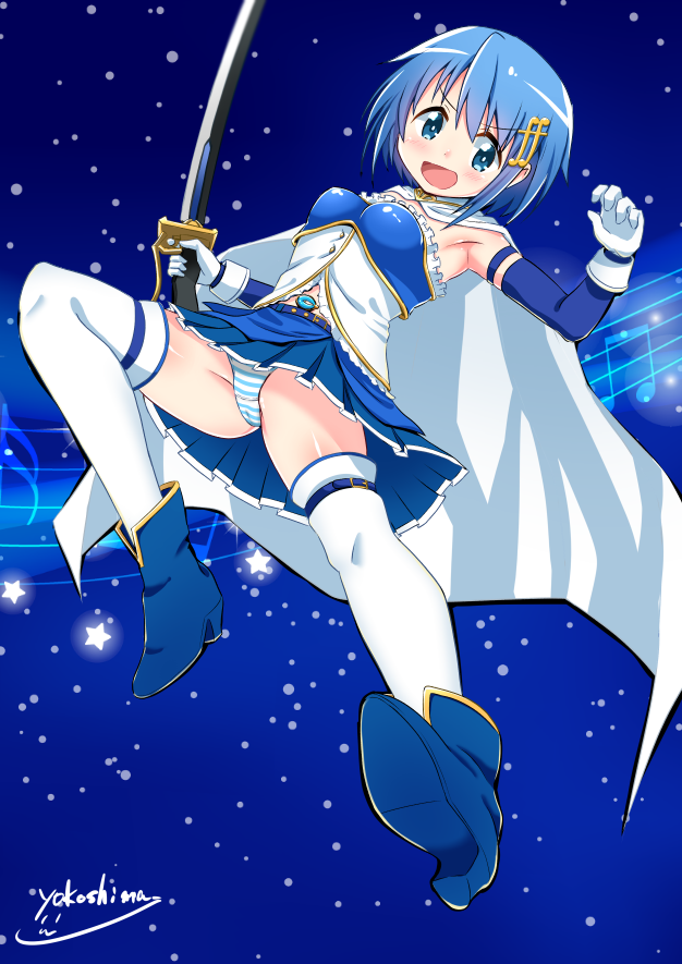 1girl blue_eyes blue_footwear blue_hair blue_skirt boots cape flying_kick fortissimo fortissimo_hair_ornament gloves hair_ornament hairclip kicking looking_at_viewer magical_girl mahou_shoujo_madoka_magica miki_sayaka open_mouth panties short_hair skirt smile solo soul_gem striped striped_panties sword thigh-highs underwear weapon white_cape white_gloves white_legwear yokoshima_(euphoria)