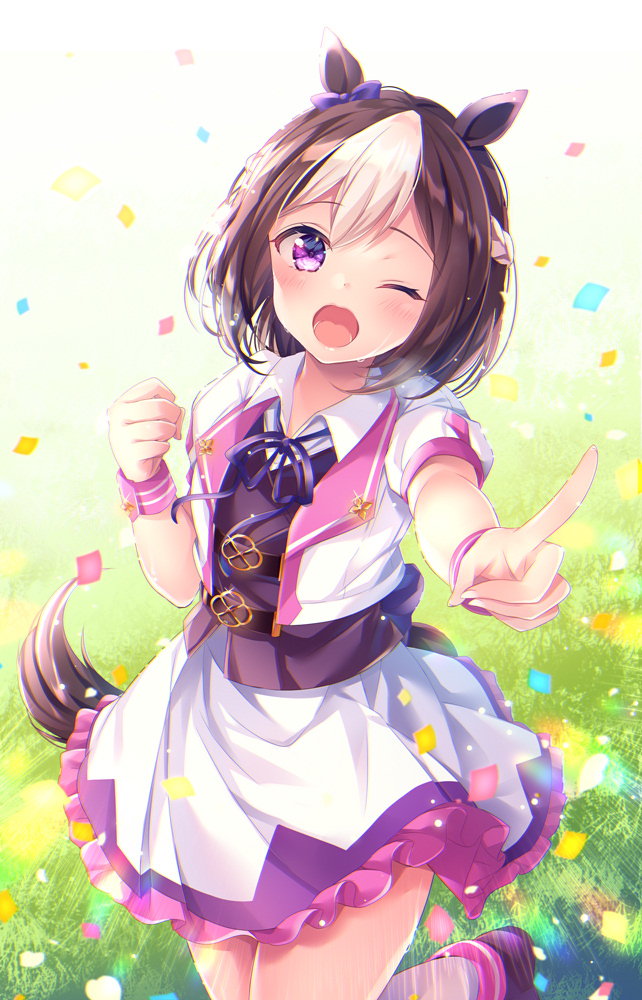 1girl animal_ears brown_footwear brown_hair brown_vest collared_shirt commentary_request confetti day frilled_skirt frills grass horse_ears horse_girl horse_tail index_finger_raised jacket multicolored_hair neck_ribbon nemuri_nemu one_eye_closed open_clothes open_jacket open_mouth outdoors outstretched_arm pleated_skirt puffy_short_sleeves puffy_sleeves purple_ribbon ribbon shirt shoes short_sleeves skirt solo special_week_(umamusume) standing standing_on_one_leg tail two-tone_hair umamusume vest white_hair white_jacket white_shirt white_skirt
