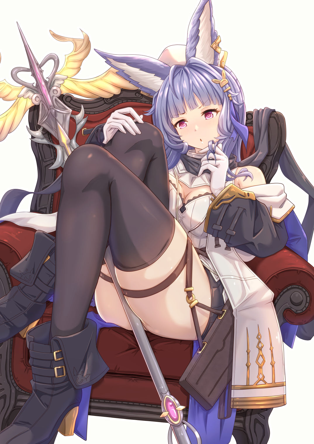 black_footwear blue_hair boots breasts cover cover_page crossed_legs dress erune gloves granblue_fantasy highres holding holding_staff holding_weapon keepvalley knees_up legs medium_breasts short_dress staff thigh-highs thighs tikoh violet_eyes weapon white_gloves zettai_ryouiki