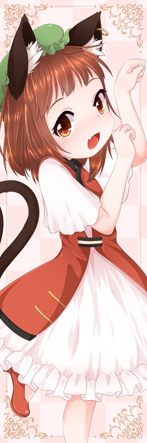 1girl :d animal_ears bangs blush brown_eyes brown_hair cat_ears cat_tail chen commission dress fang foot_out_of_frame from_side hansoku_tantei_satori hat highres looking_at_viewer mob_cap multiple_tails nekomata nose_blush open_mouth paw_pose pink_background red_dress short_hair simple_background skeb_commission skin_fang smile solo standing standing_on_one_leg subaru_(syaku) tail touhou two_tails