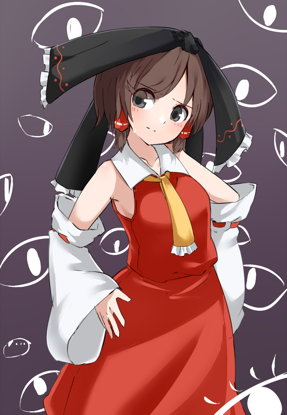 1girl bangs black_bow black_eyes blush bow breasts brown_hair closed_mouth commentary_request cookie_(touhou) detached_sleeves eyebrows_visible_through_hair eyes_visible_through_hair hair_between_eyes hair_bow hair_tubes hakurei_reimu highres large_bow looking_to_the_side medium_breasts mochiya_(cookie) necktie red_shirt red_skirt ribbon-trimmed_sleeves ribbon_trim shirt short_hair skirt sleeveless sleeveless_shirt solo swept_bangs touhou upper_body white_sleeves yellow_neckwear yumekamaborosh