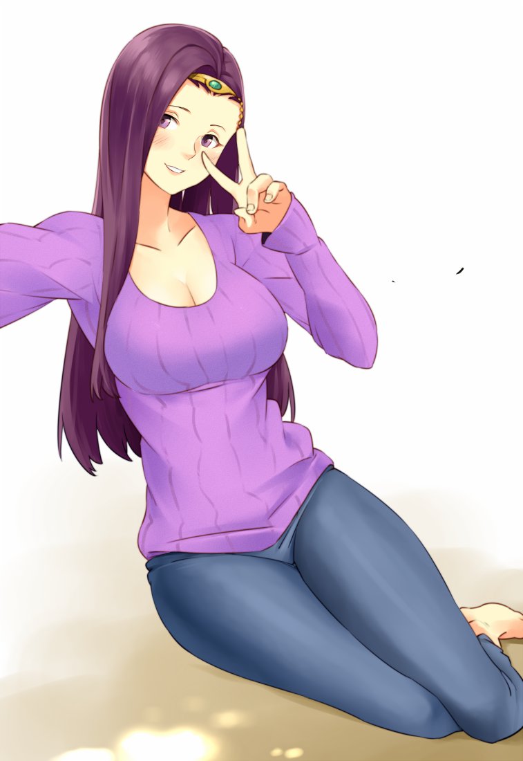 1girl arms_up barefoot breasts denim fire_emblem fire_emblem_echoes:_shadows_of_valentia hair_ornament igni_tion jeans large_breasts long_hair long_sleeves looking_at_viewer open_mouth pants parted_lips purple_hair purple_sweater ribbed_sweater sitting smile solo sonya_(fire_emblem) sweater teeth upper_body v violet_eyes