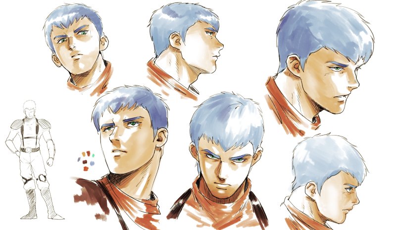 1boy blue_hair chirico_cuvie color_guide cropped_torso from_side green_eyes hair_behind_ear looking_ahead looking_at_viewer looking_down looking_to_the_side male_focus multicolored parted_lips pilot_suit scowl soukou_kihei_votoms surprised upper_body vldhomecenter white_background