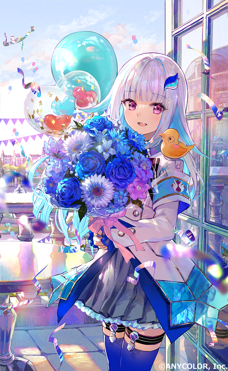 1girl armband bangs blue_hair blunt_bangs bouquet building colored_inner_hair day eyebrows_visible_through_hair flower fuzichoco hair_ornament highres lize_helesta long_hair looking_at_viewer multicolored_hair nijisanji official_art open_mouth silver_hair solo thigh-highs two-tone_hair violet_eyes virtual_youtuber