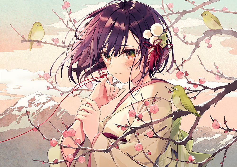 1girl bird branch clouds commentary_request flower from_side green_eyes hair_ornament japanese_clothes kimono mountain multicolored multicolored_eyes orange_eyes original oshio_(dayo) pom_pom_(clothes) profile purple_hair sky solo string string_around_finger upper_body white_kimono