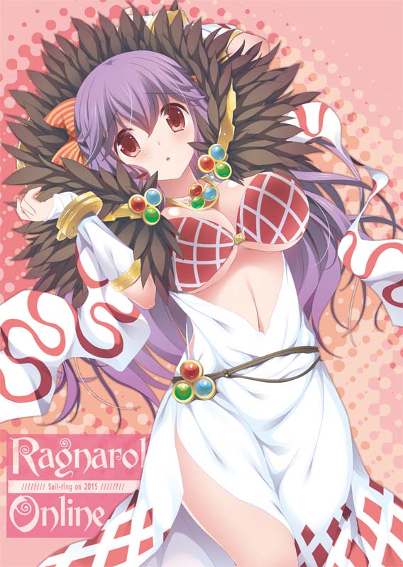 1girl argyle_bra arms_up bangle bangs blush bra bracelet breasts commentary_request cover cover_page cowboy_shot doujin_cover dress eyebrows_visible_through_hair fur_collar hair_between_eyes jewelry large_breasts long_hair looking_at_viewer maru_(sasayama_chikage) open_mouth purple_hair ragnarok_online red_bra red_eyes solo sorcerer_(ragnarok_online) underwear white_dress