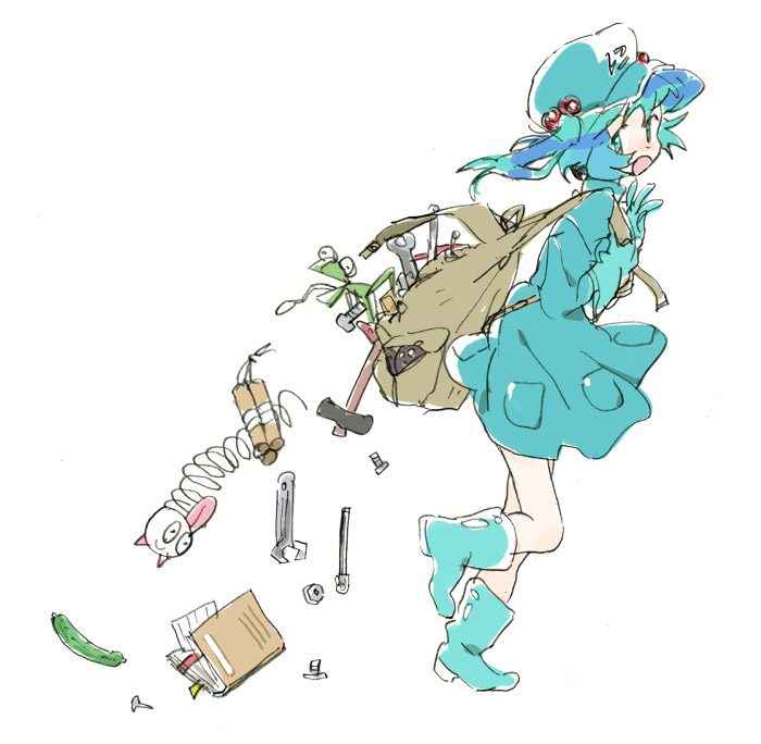 1girl backpack bag bangs blue_dress blue_footwear blue_gloves blue_hair blue_headwear book boots cucumber dress dynamite food gloves hair_bobbles hair_ornament hammer hat kawashiro_nitori mokeo open_mouth rubber_boots screw simple_background solo touhou two_side_up vegetable white_background wrench