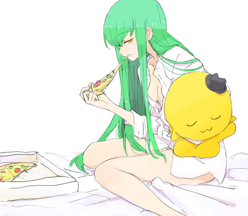 1girl bangs bed_sheet breasts c.c. cheese-kun code_geass eating eyebrows_visible_through_hair food green_hair hair_between_eyes holding holding_food holding_stuffed_toy long_hair medium_breasts mokeo naked_shirt pizza pizza_box pizza_slice shirt simple_background sitting solo stuffed_toy white_background white_shirt