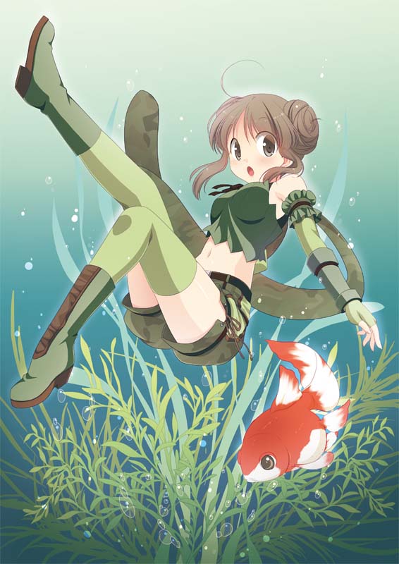 1girl bangs boots breasts brown_eyes brown_hair bubble camouflage camouflage_scarf camouflage_shorts commentary_request double_bun elbow_gloves eyebrows_visible_through_hair fingerless_gloves fish full_body gloves green_footwear green_gloves green_legwear green_scarf green_shorts green_tubetop koi looking_at_viewer maru_(sasayama_chikage) medium_breasts medium_hair open_mouth plant ragnarok_online ranger_(ragnarok_online) scarf shorts sleeve_garter solo strapless thigh-highs tubetop underwater