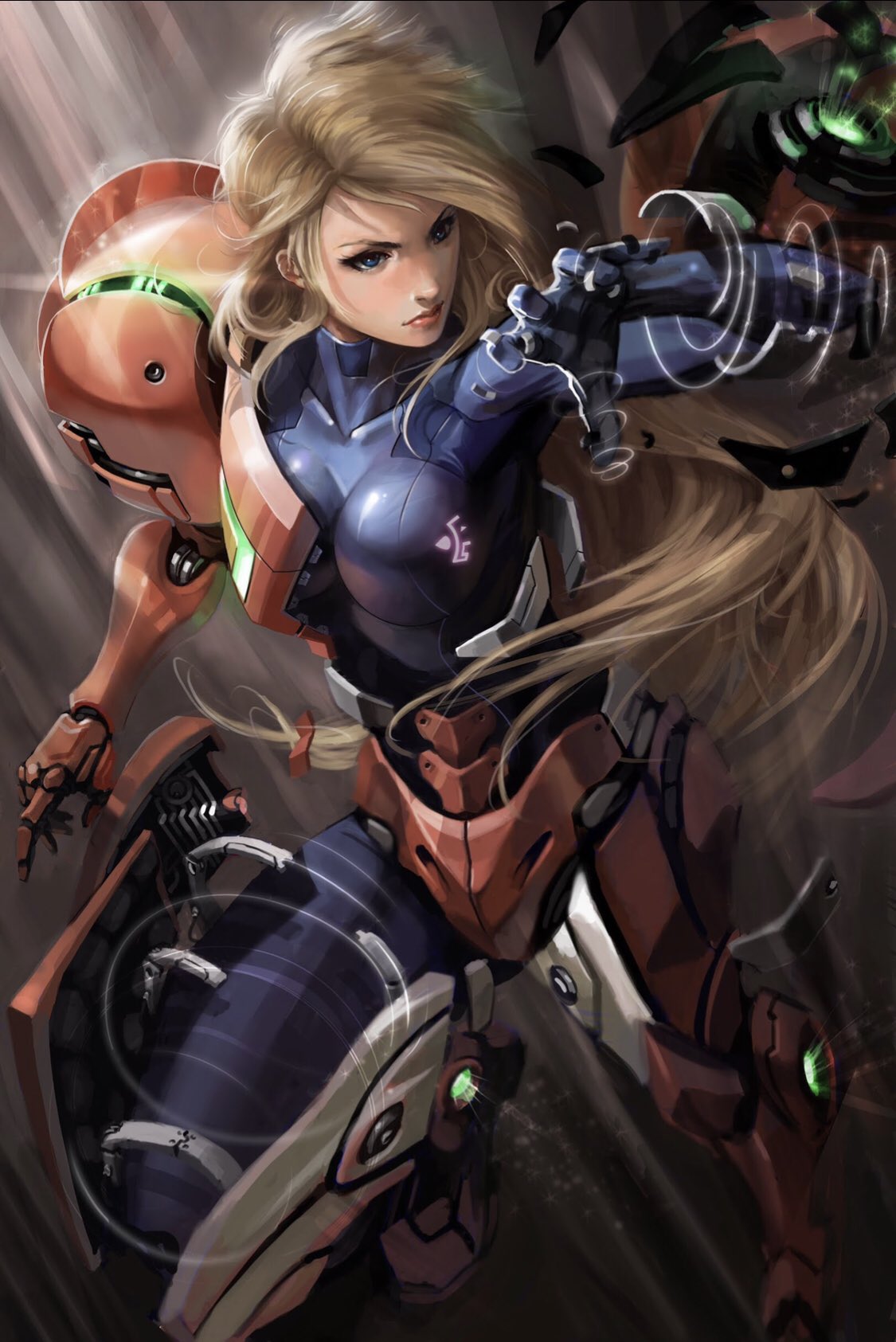 1girl armor assembling blonde_hair blue_eyes bodysuit breasts claw_pose highres james_ghio knees_up lips long_hair looking_to_the_side metroid samus_aran skin_tight varia_suit very_long_hair zero_suit