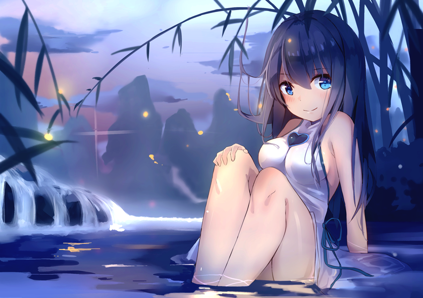1girl bangs bare_shoulders blue_eyes blurry blurry_background blush breasts bush closed_mouth clouds dress eyebrows_visible_through_hair hair_between_eyes hand_on_own_knee ikada_sora knees_up long_hair looking_at_viewer messy_hair original partially_submerged purple_hair sideboob sidelocks sitting sky sleeveless smile solo thighs tree_branch water white_dress