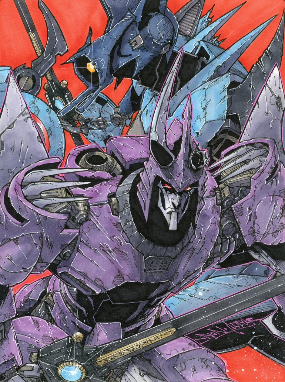 2boys alex_milne autobot back-to-back commission cyclonus decepticon friends highres holding holding_sword holding_weapon horns mecha multiple_boys one-eyed red_background red_eyes rivalry scar scar_on_face single_horn sword the_transformers_(idw) transformers weapon whirl yellow_eyes