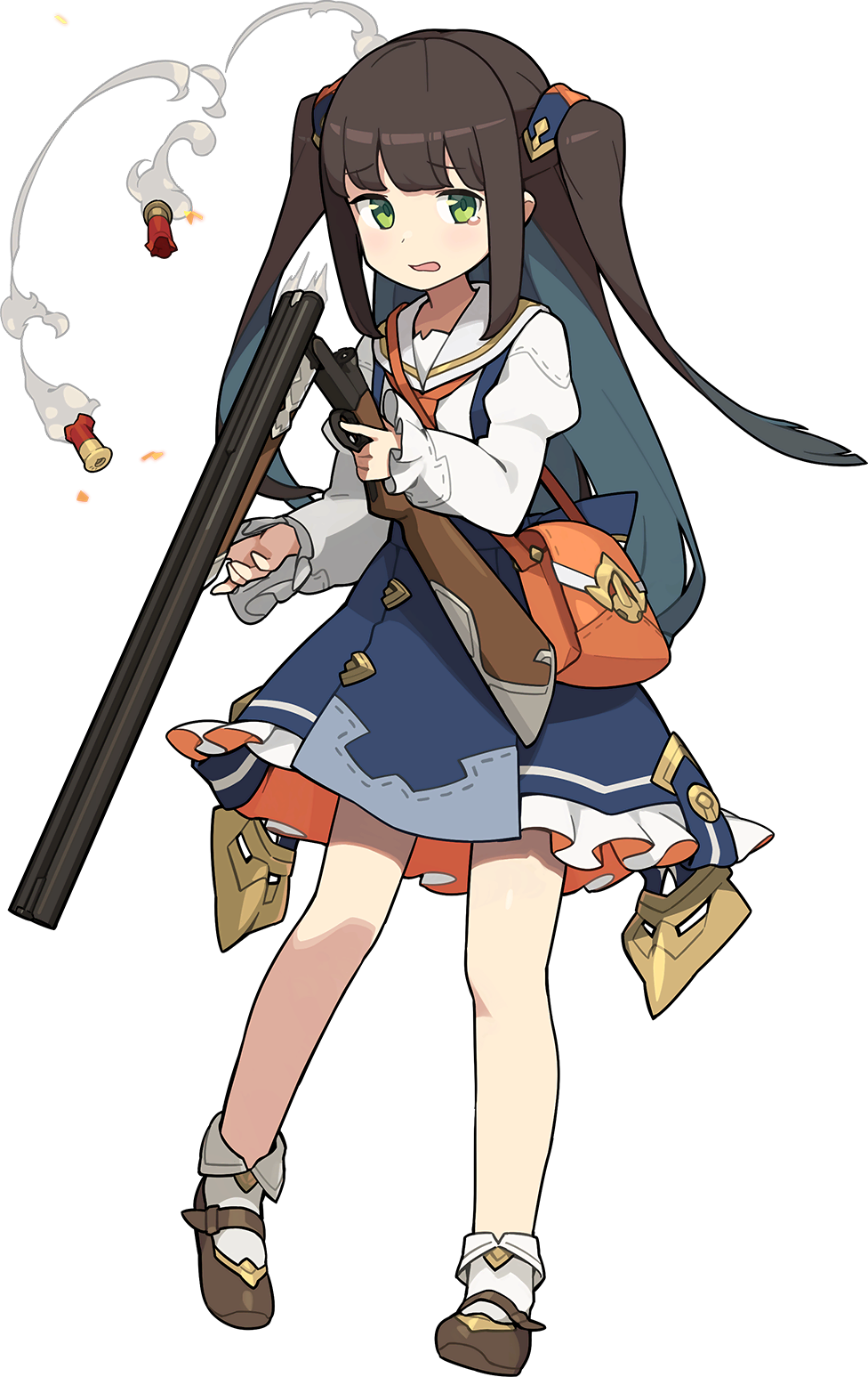 1girl artist_request bag bangs blue_dress blush brown_footwear brown_hair casing_ejection child collared_shirt double-barreled_shotgun dress eyebrows_visible_through_hair flat_chest frilled_dress frills full_body green_eyes gun hair_ribbon hands_up heel_up highres holding holding_gun holding_weapon kiri_(world_flipper) light_blush long_hair long_sleeves looking_at_viewer necktie nervous non-web_source official_art orange_neckwear pinafore_dress ribbon shell_casing shiny shiny_hair shirt shoes short_dress short_necktie shotgun shotgun_shells shoulder_bag sidelocks sleeveless sleeveless_dress smoke socks solo standing tears tied_hair transparent_background trigger_discipline twintails two-sided_dress two_side_up weapon white_legwear white_shirt world_flipper