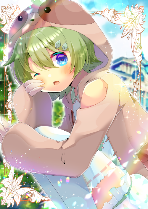 1girl bangs bare_shoulders bloomers blue_eyes blurry blurry_background blush brown_jacket character_request clothing_cutout collared_shirt commentary_request depth_of_field eyebrows_visible_through_hair green_hair hair_between_eyes hair_ornament hood hood_up hooded_jacket indie_virtual_youtuber jacket knees_up kouu_hiyoyo leaf_hair_ornament looking_at_viewer one_eye_closed open_mouth ribbon-trimmed_legwear ribbon_trim shirt short_hair shoulder_cutout sleepy solo thick_eyebrows thigh-highs underwear white_bloomers white_legwear white_shirt