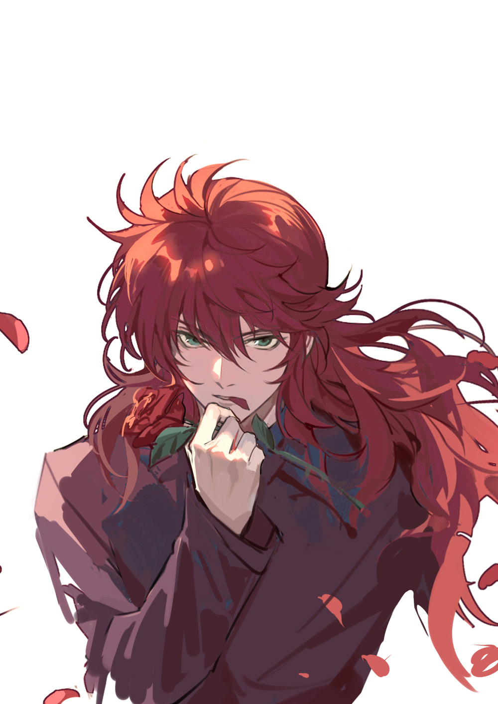 1boy black_shirt chinese_commentary commentary_request flower green_eyes hand_up highres holding holding_flower kurama long_hair long_sleeves looking_at_viewer male_focus mouth_hold petals redhead rose rose_petals shirt simple_background solo upper_body white_background xiandao1213 yuu_yuu_hakusho