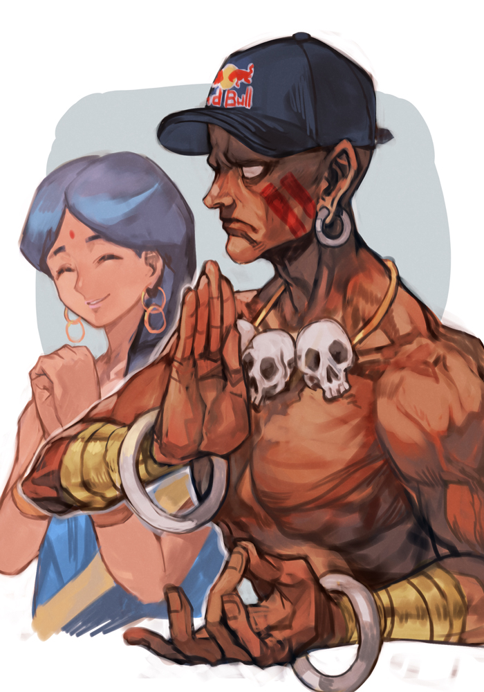 1boy 1girl baseball_cap blank_eyes character_request closed_eyes cropped_torso dark-skinned_male dark_skin dhalsim earrings facepaint frown hankuri hat hoop_earrings hankuri jewelry red_bull skull_necklace smile solo street_fighter white_background