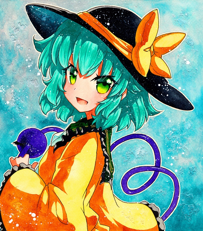 1girl bangs black_headwear blouse blue_background blue_hair bow crystal eyebrows_visible_through_hair green_eyes hair_between_eyes hand_up hat komeiji_koishi long_sleeves looking_at_viewer open_mouth qqqrinkappp shikishi short_hair smile solo touhou traditional_media yellow_blouse yellow_bow yellow_sleeves