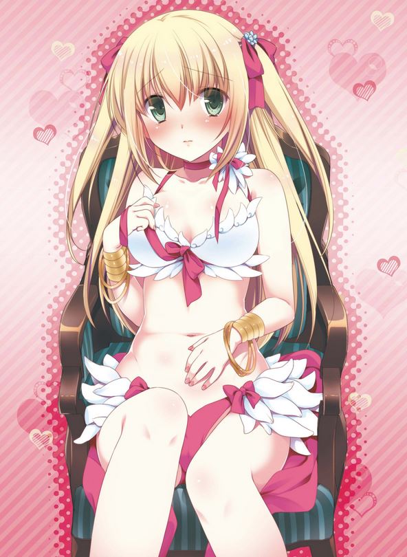 1girl bangs bikini blonde_hair blush bow bracelet bracer breasts chair closed_mouth commentary_request eyebrows_visible_through_hair feathers feet_out_of_frame green_eyes hair_between_eyes hair_bow heart jewelry long_hair looking_at_viewer maru_(sasayama_chikage) medium_breasts navel ragnarok_online red_bikini red_bow solo swimsuit wanderer_(ragnarok_online) white_bikini