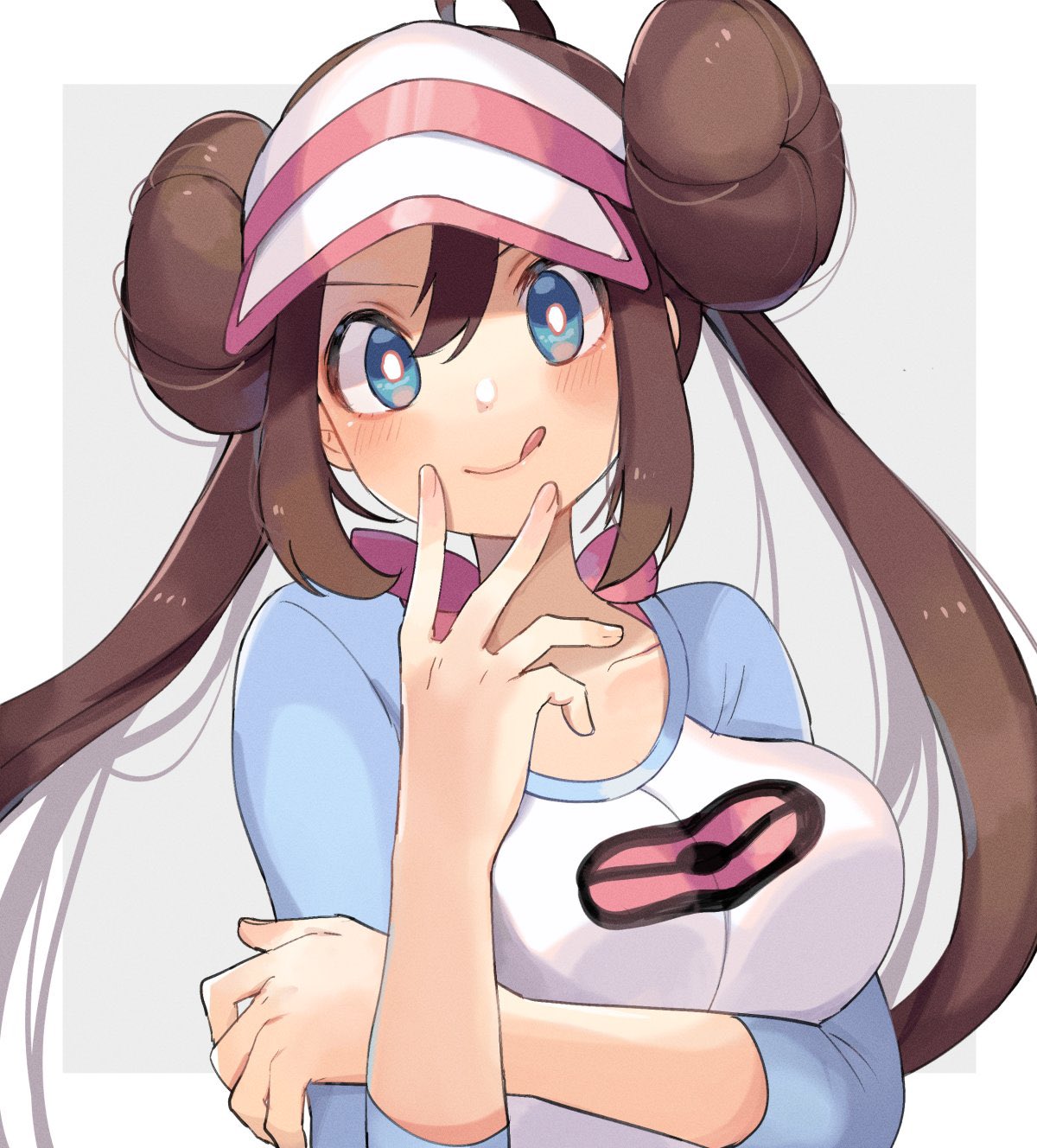 1girl bangs blue_eyes blush bow breasts bright_pupils brown_hair closed_mouth collarbone commentary_request double_bun highres long_hair looking_at_viewer pink_bow pokemon pokemon_(game) pokemon_bw2 raglan_sleeves ririmon rosa_(pokemon) shirt smile solo tongue tongue_out twintails upper_body visor_cap white_pupils