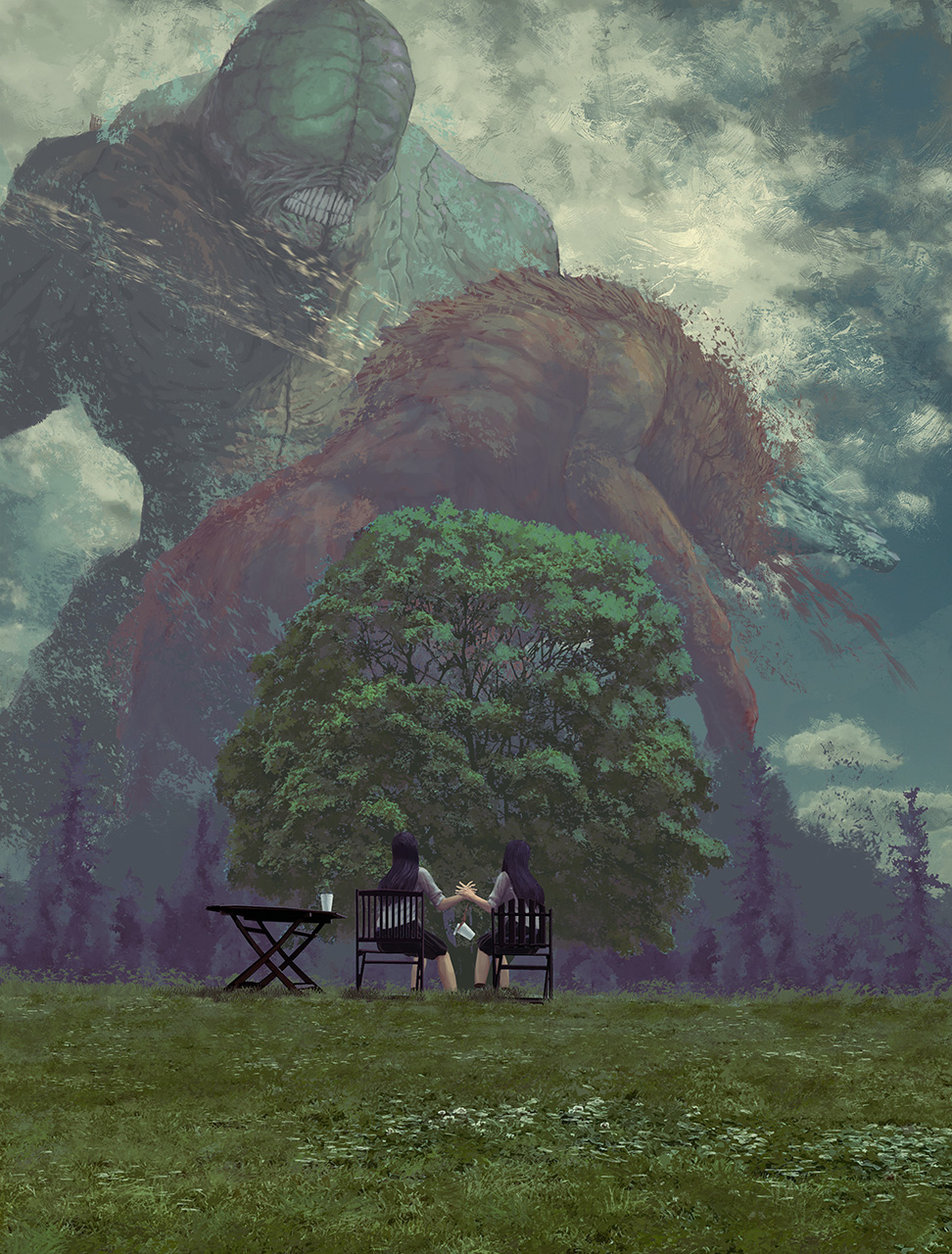 2girls battle black_hair black_skirt blood bottle chair clouds commentary_request day falling fighting from_behind grass highres horns long_hair long_sleeves monster multiple_girls nature original outdoors scenery single_horn sitting skirt table teeth toy(e) tree yuugai_choujuu