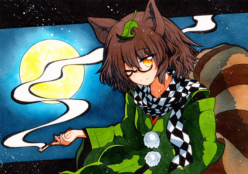 1girl animal_ears bangs black_border border brown_hair checkered checkered_scarf closed_mouth eyebrows_visible_through_hair full_moon futatsuiwa_mamizou glasses green_sleeves green_sweatshirt hair_between_eyes hand_up leaf leaf_on_head long_sleeves looking_at_viewer moon night night_sky one_eye_closed pom_poms qqqrinkappp scarf short_hair sitting sky smile smoke solo tail touhou traditional_media yellow_eyes yellow_moon