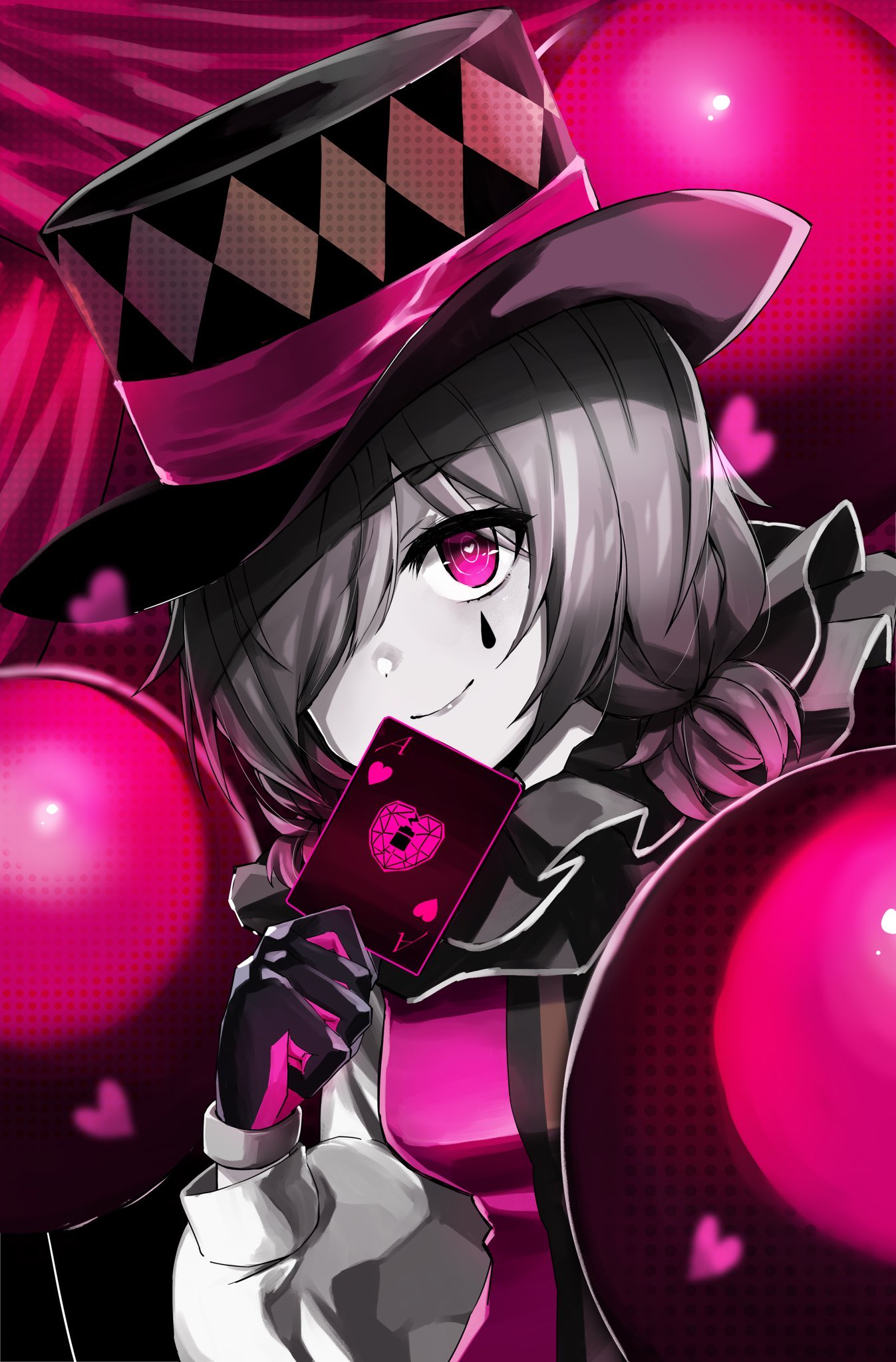 1girl ace_of_hearts balloon bangs black_hair card clown colored_skin commentary_request curtains envy_baby_(vocaloid) grey_skin hair_over_one_eye hat heart heart-shaped_pupils highres holding holding_playing_card hololive long_sleeves looking_at_viewer neck_ruff one_eye_covered pink_curtains pink_eyes pink_theme playing_card puffy_long_sleeves puffy_sleeves roboco-san satobitob second-party_source smile solo stage stage_curtains symbol-shaped_pupils top_hat virtual_youtuber