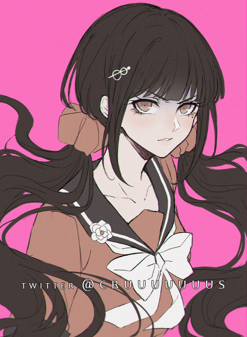 1girl bangs blunt_bangs bow criis-chan dangan_ronpa_(series) dangan_ronpa_v3:_killing_harmony hair_ornament hair_scrunchie hairclip harukawa_maki long_hair long_sleeves looking_at_viewer low_twintails mole mole_under_eye noise pink_background red_eyes red_scrunchie sailor_collar school_uniform scrunchie serafuku shirt solo symbol_commentary twintails upper_body