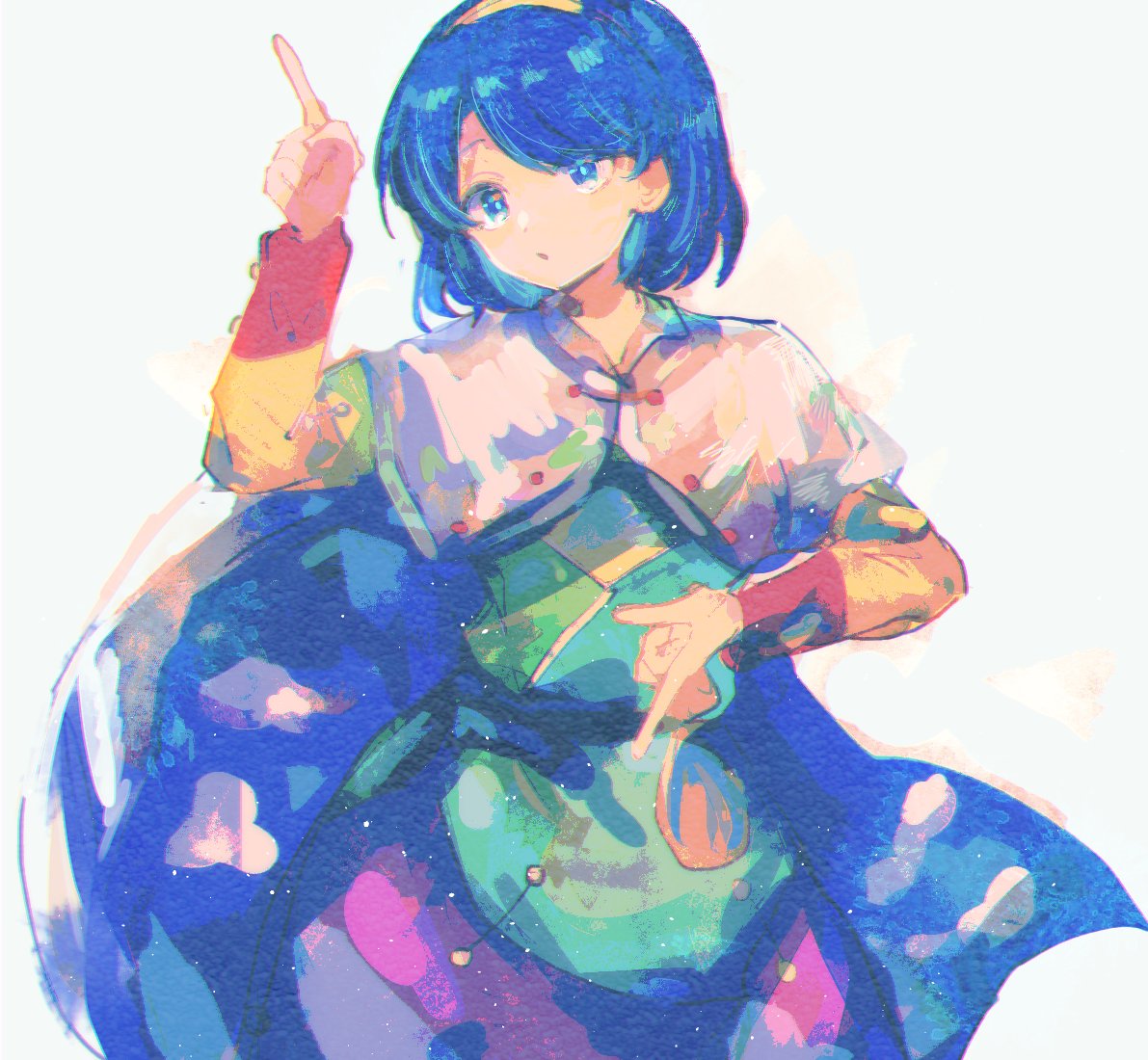 1girl bangs blue_eyes blue_hair cloak dress eyebrows_visible_through_hair gradient hairband hands_up kujikimi long_sleeves looking_at_viewer md5_mismatch multicolored multicolored_clothes multicolored_dress multicolored_hairband open_mouth rainbow_gradient short_hair simple_background sky sky_print solo tenkyuu_chimata touhou white_background