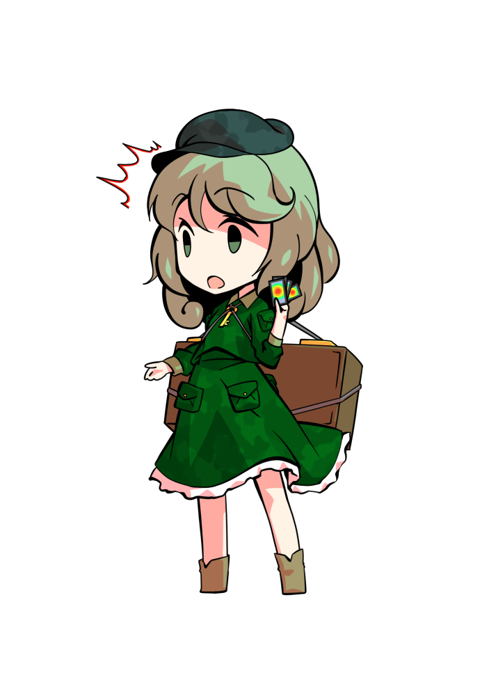 1girl bangs boots brown_footwear card chibi dairi dress eyebrows_visible_through_hair green_dress green_eyes green_hair green_headwear hand_up hat key_necklace open_mouth short_hair simple_background solo standing surprised tachi-e touhou white_background yamashiro_takane