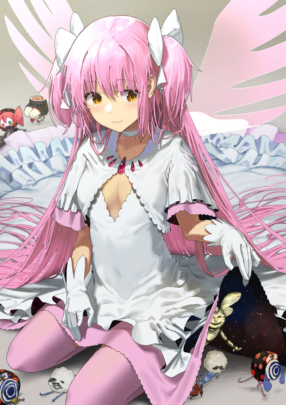 1girl absurdly_long_hair bangs blush breasts choker closed_mouth clothes_lift clothing_cutout dress fairy_wings gem gloves goddess_madoka highres kaname_madoka kneeling lifted_by_self long_dress long_hair mahou_shoujo_madoka_magica noeru pink_hair pink_legwear pink_wings ribbon skirt skirt_lift small_breasts thigh-highs two-tone_dress very_long_hair white_background white_dress white_gloves white_ribbon wings yellow_eyes